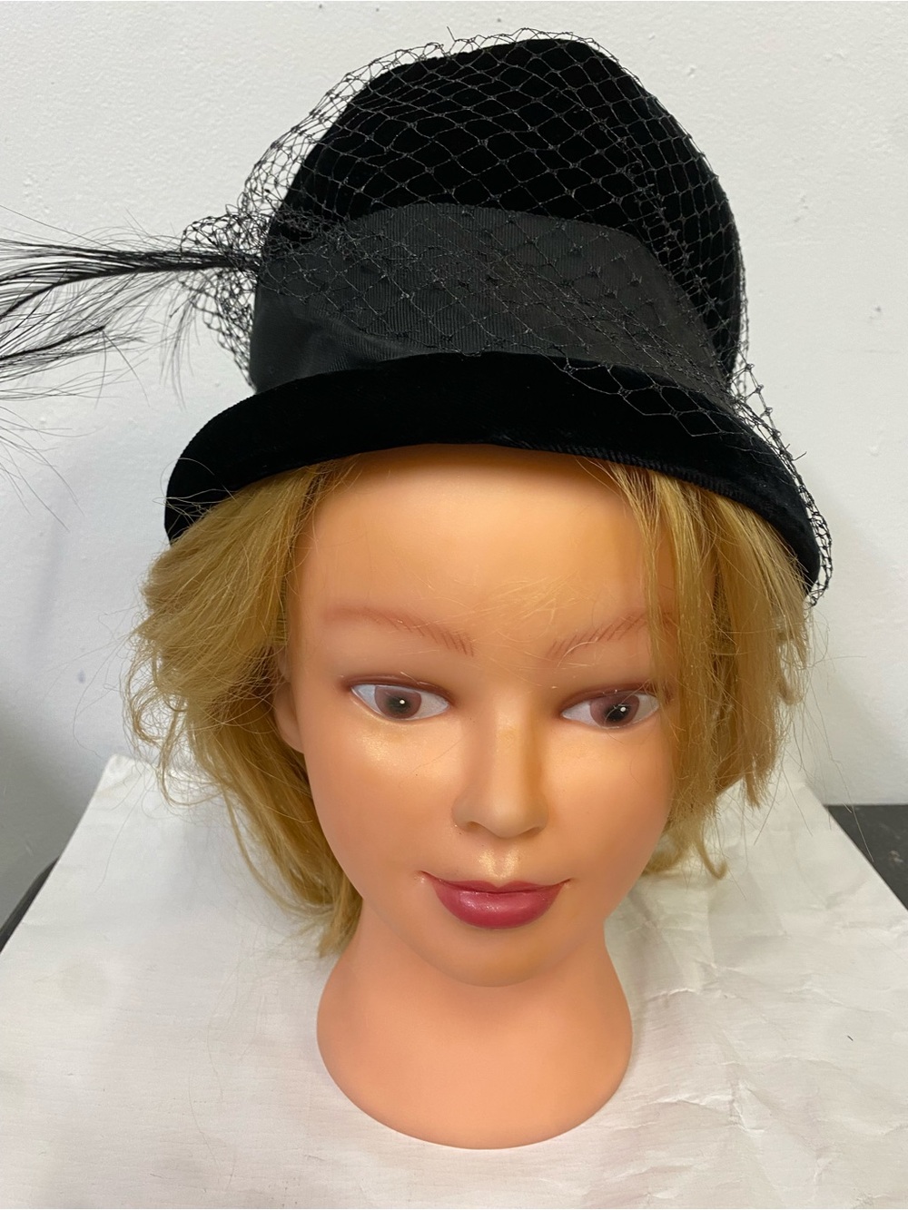 Vintage Union Made USA Black Hat with Netting and Feather